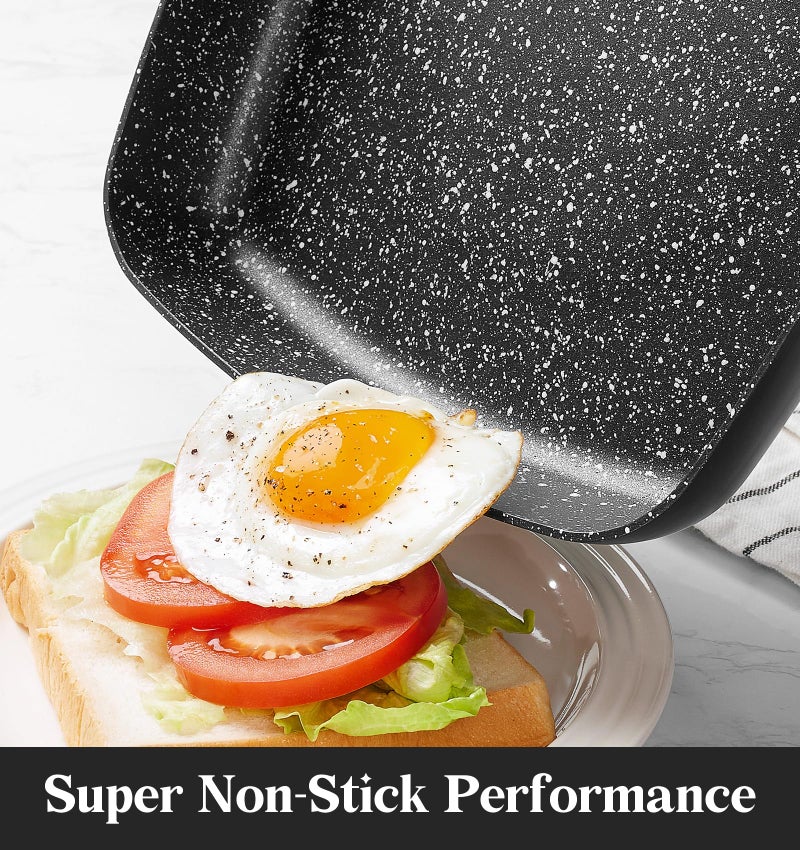 KOCH SYSTEME CS 9.5 Inch Nonstick Grill Pan for Stove Tops, Marble Coating Square Grill Skillet with Lid, Fry Pan Compatible with all Stoves, Ultimate Nonstick Skillet with Bakelite Handle, Toxic-Free - Image 3